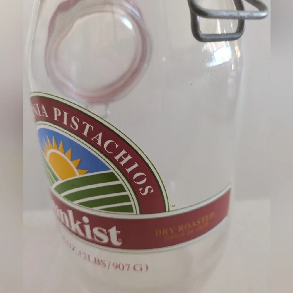 Vintage Clear Glass Jar with Snap Lid. Sunkist California Pistachios.